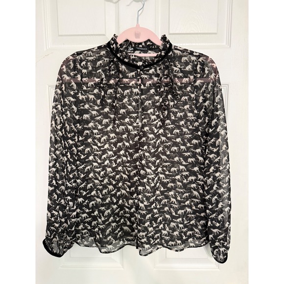 Zara Tops - Zara Black Fox Print Sheer Ruffle Blouse  XS Dark woodland romantic